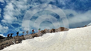 Mountain climbers climbing on north east ridge of Mount Damavand , Iran