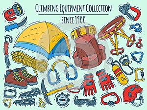 Mountain climbing, alpinism and mountaineering cartoon symbols banner. Hiking equipment vector illustration. Hike for