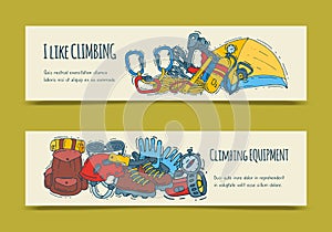 Mountain climbing, alpinism and mountaineering cartoon symbols banner. Hiking equipment vector illustration. Hike for photo
