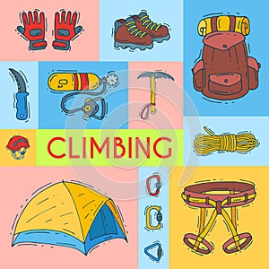 Mountain climbing, alpinism and mountaineering vector illustration. Hiking equipment cartoon symbols poster or card for