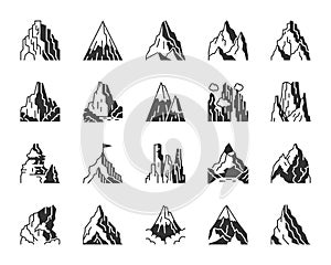 Mountain climbing black silhouette icon vector set