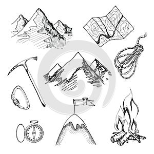 Mountain climbing camping icons