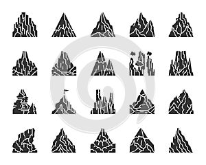 Mountain climbing black silhouette icon vector set