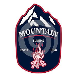 Mountain climbing. Emblem template with rock peak. Design element for logo, label, emblem, sign, poster.