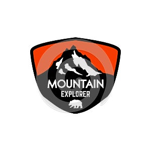 Mountain climbing. Emblem template with rock peak. Design element for logo, label, emblem, sign, poster.