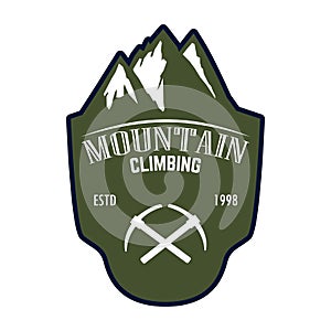 Mountain climbing. Emblem template with rock peak. Design element for logo, label, emblem, sign, poster.