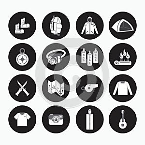 Mountain climbing equipment button icon for hiking, scouting, traveler