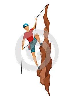Mountain climbing. Men climbing on a rock mountain with professional equipment. Bouldering sport. Game scene isolated on