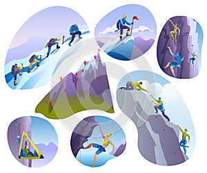 Mountain climbing people vector illustrations isolated on white set. Climber climbs rock wall or mountainous cliff and