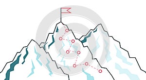 Mountain climbing route. Journey path to success in achieving the goal. Reach to peak of rock. Business vector concept