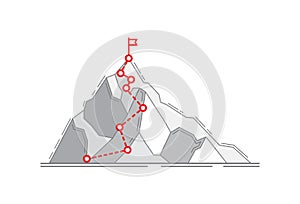 Mountain climbing route to peak business journey path in progress to success