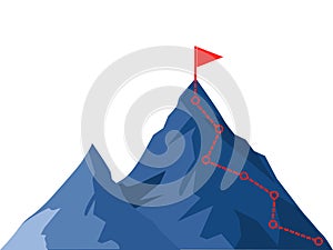 Mountain climbing route to peak. Business journey path in progress to success.