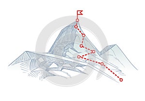 Mountain climbing route to peak. Business journey path in progress to success vector concept