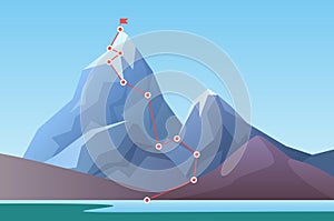 Mountain climbing route to peak. Business progress motivation, discipline and success target concept vector illustration