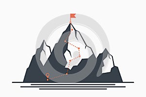 Mountain climbing route to peak. Concept of path to success and goal, way of progress. Plan for climbing to top of mountain.