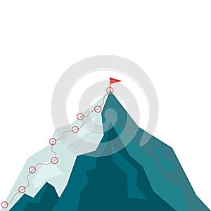 Mountain climbing route to peak in flat style. Business journey path in progress to success vector illustration. Mountain peak,