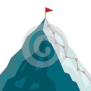 Mountain climbing route to peak in flat style. Business journey path in progress to success vector illustration. Mountain peak,