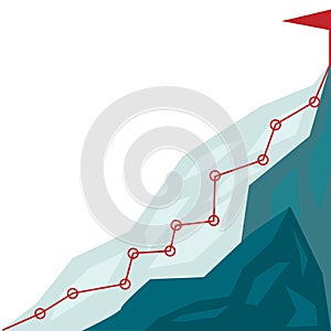 Mountain climbing route to peak in flat style. Business journey path in progress to success vector illustration. Mountain peak,