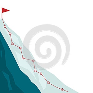 Mountain climbing route to peak in flat style. Business journey path in progress to success vector illustration. Mountain peak,