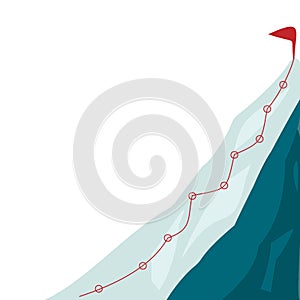 Mountain climbing route to peak in flat style. Business journey path in progress to success vector illustration. Mountain peak,