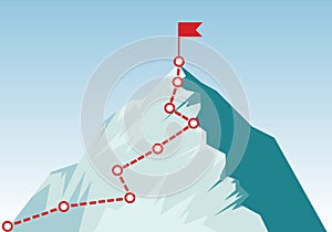 Mountain climbing route to peak in flat style. Concept of Goal, Mission, Vision, Career path. Business journey path in progress to