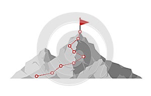 Mountain climbing route to peak. Hiking trip to the top of the mountain journey path. Route challenge infographic career