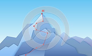 Mountain climbing route to peak landscape. Climbing pointed road to layered paper style mountain top. Business progress