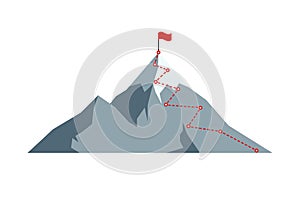 Mountain climbing route to peak with red flag on top rock. Business journey path in progress motivation and success