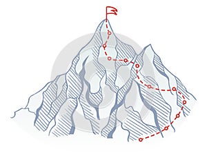 Mountain climbing route to top rock with red flag on peak. Business journey path in progress, way to success or concept