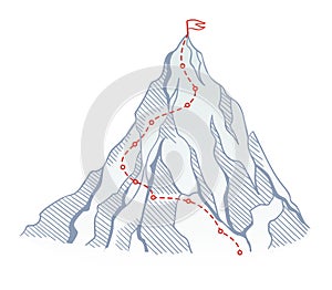 Mountain climbing route to top rock with red flag on peak. Business journey path in progress, way to success or concept