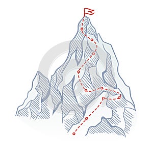 Mountain climbing route to top rock with red flag on peak. Business journey path in progress, way to success or concept