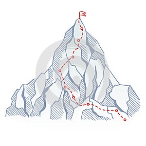 Mountain climbing route to top rock with red flag on peak. Business journey path in progress, way to success or concept