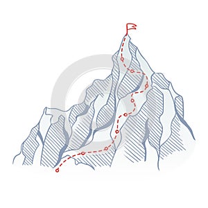 Mountain climbing route to top rock with red flag on peak. Business journey path in progress, way to success or concept