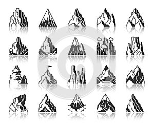 Mountain climbing black silhouette icon vector set