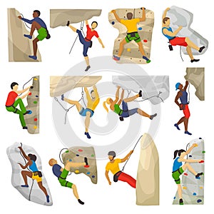 Mountain climbing vector climber climbs rock wall or mountainous cliff and people in extreme sport mountaineer character