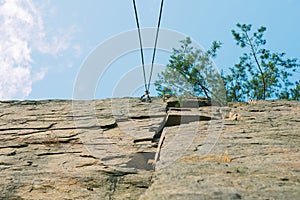 Mountain climbing wall. Training area for outdoor activities