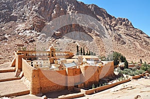 Mountain cloister landscape in the oasis desert valley. Saint Catherine`s Monastery in Sinai Peninsula