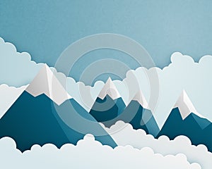 Mountain and cloud scene in paper cut style. Nature landscape clouds and sky background. Vector illustration for wallpaper, poster