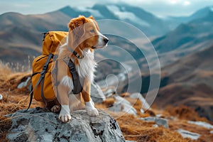 Mountain companion Cute dog with backpack enjoys outdoor adventures