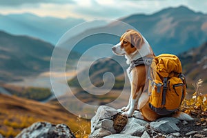 Mountain companion Cute dog with backpack enjoys outdoor adventures