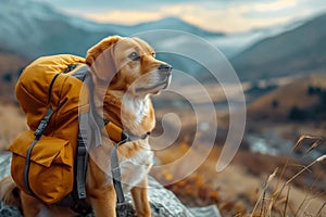 Mountain companion Cute dog with backpack enjoys outdoor adventures