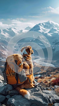 Mountain companion Cute dog with backpack enjoys outdoor adventures