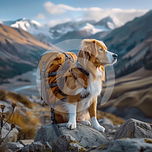 Mountain companion Cute dog with backpack enjoys outdoor adventures