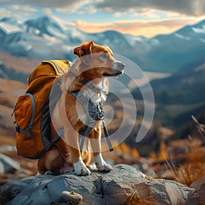 Mountain companion Cute dog with backpack enjoys outdoor adventures