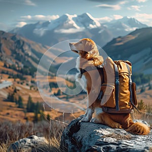 Mountain companion Cute dog with backpack enjoys outdoor adventures