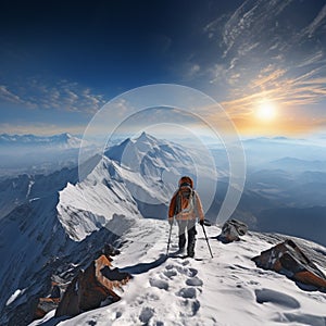 Mountain conqueror Hiker on top of the snow covered peak
