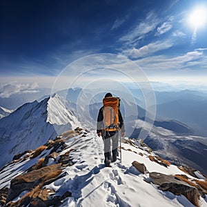 Mountain conqueror Hiker on top of the snow covered peak