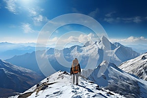 Mountain conqueror Hiker on top of the snow covered peak