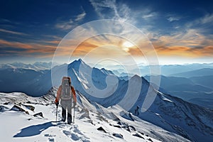 Mountain conqueror Hiker on top of the snow covered peak