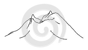 Mountain contour with cooled volcano illustration. Sketch black steep peak with ruptured top and snow capped rocky